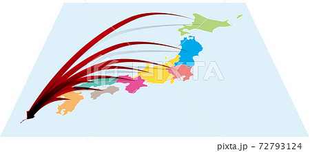 全国から沖縄へ日本地図aに立体的な矢印 ベクターイラスト背景透明のイラスト素材