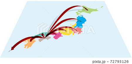 四国から全国へ日本地図aに立体的な矢印 ベクターイラスト背景透明のイラスト素材