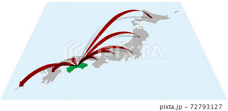 四国から全国へ日本地図Bに立体的な矢印 ベクターイラスト背景透明 四国から全国へ日本地図Bに立体的な矢印 ベクターイラスト背景透明 72793127
