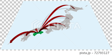 四国から全国へ日本地図Bに立体的な矢印 ベクターイラスト背景透明 四国から全国へ日本地図Bに立体的な矢印 ベクターイラスト背景透明 72793127
