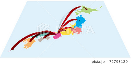 近畿地方から全国へ日本地図aに立体的な矢印 ベクターイラスト背景透明のイラスト素材