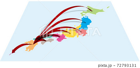 九州から全国へ日本地図aに立体的な矢印 ベクターイラスト背景透明のイラスト素材