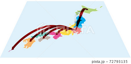 関東地方から全国へ日本地図aに立体的な矢印 ベクターイラスト背景透明のイラスト素材