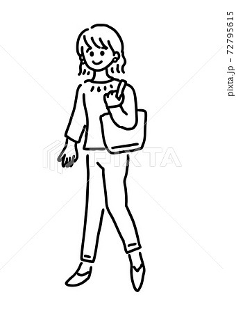 歩いている女性のイラスト モノクロ線画 歩いている女性のイラスト モノクロ線画 72795615