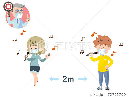 マスクをして距離を取りカラオケを楽しむ人々のイラスト素材