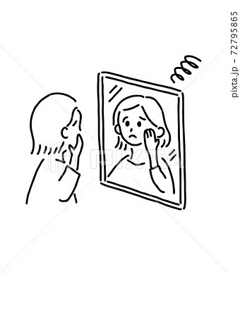 鏡を見て悩む女性の線画イラストのイラスト素材