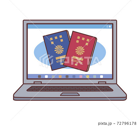PCの画面に表示されたパスポートのイラスト（パスポートの電子申請・線あり） 72796178