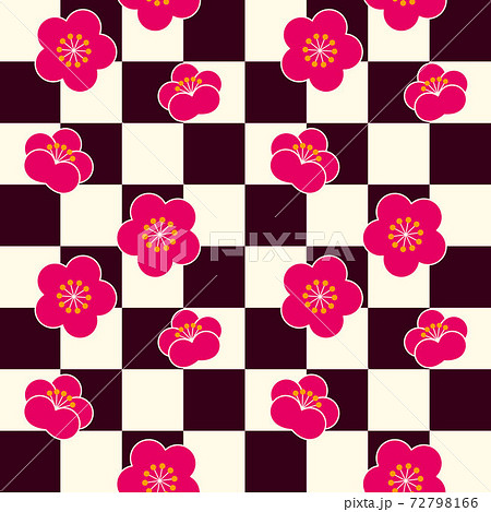 クリーム色とえんじ色の市松模様に紅梅の花が並んだシームレスパターン のイラスト素材