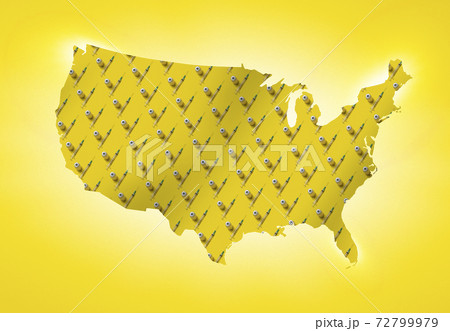 Rows of laboratory vials and syringes on yellow shape of USA Rows of laboratory vials and syringes on yellow shape of USA 72799979