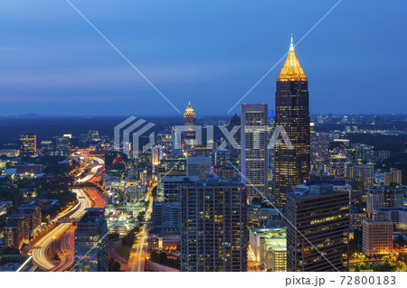 USA, Georgia, Atlanta, Downtown architecture at dusk 72800183