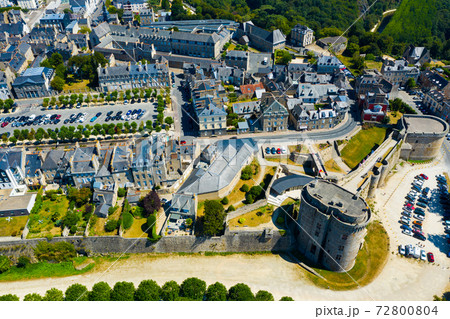 Aerial view of walled Breton town of Dinan, France 72800804