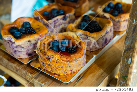 Image of tasty sponge cake dessert served with berries Image of tasty sponge cake dessert served with berries 72801492
