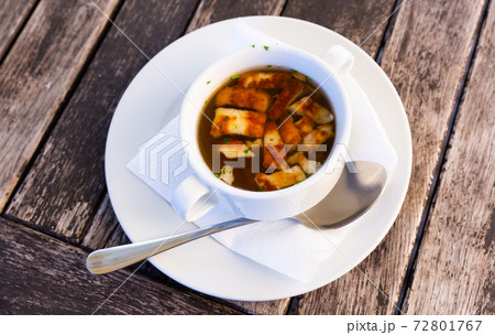 Appetizing beef and noodle soup. Czech dish Appetizing beef and noodle soup. Czech dish 72801767