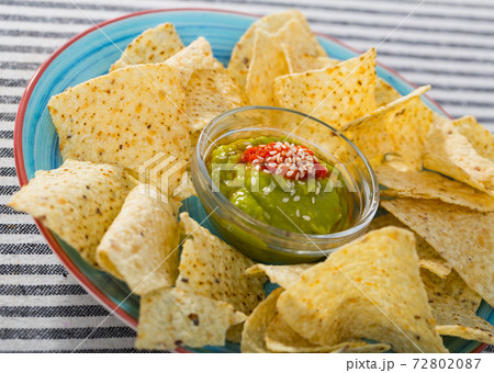 Nachos chips with guacamole 72802087