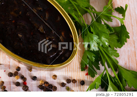 Canned seafood, chopped squid in ink Canned seafood, chopped squid in ink 72805291