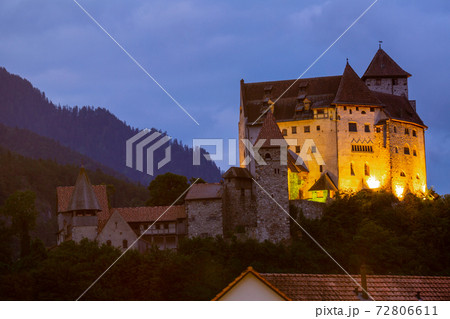 Night view of Gutenberg Castle in Balzers village, Liechtenstein Night view of Gutenberg Castle in Balzers village, Liechtenstein 72806611
