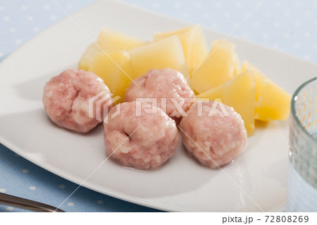 Diet food, tasty steamed meatballs with potatoes at plate 72808269