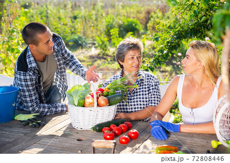 Smiling family breezily chatting at wooden table in garden 72808446