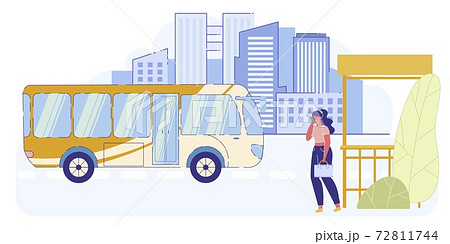 Young Woman Holding Suitcase Stand On Bus Stopのイラスト素材