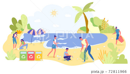 Volunteers Cleaning Sea Beach Collecting Trash 72811966