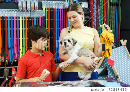 Family choosing dogs clothes in shop Family choosing dogs clothes in shop 72813436