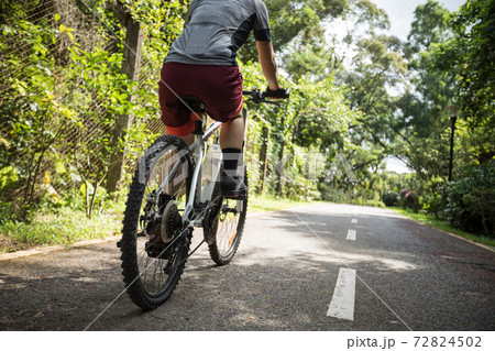 Woman riding on bike path at park on sunny day Woman riding on bike path at park on sunny day 72824502