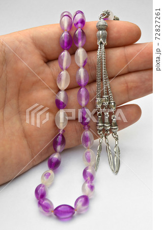 On hand purple and silver beads sequenced, short rosary, tespih tesbih 72827261
