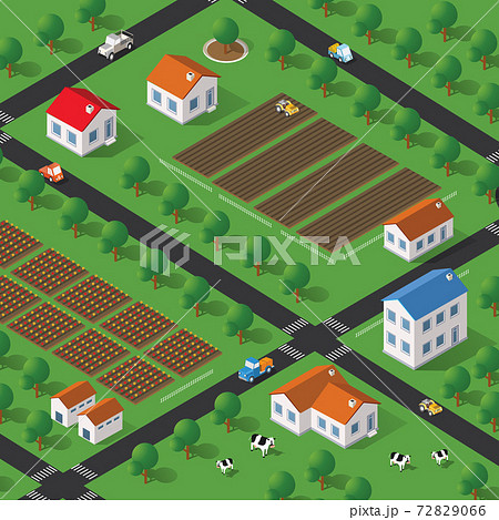 Isometric farm with houses, streets, and buildings. The three-dimensional top view of a rural landscape with nature and with the town 72829066