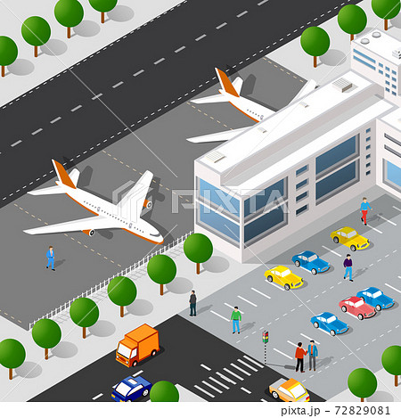 Isometric city with the airport with the runway from urban building vector architecture. Modern illustration for design game and business shape background 72829081