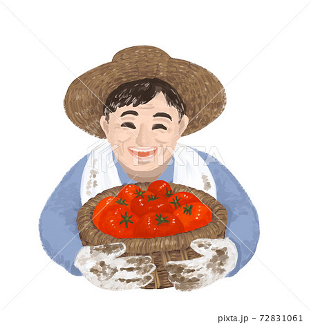野菜を収穫した農家のおじいさん 上半身 トマトのイラスト素材