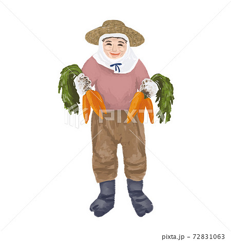 野菜を収穫した農家のおばあさん 全身 人参のイラスト素材