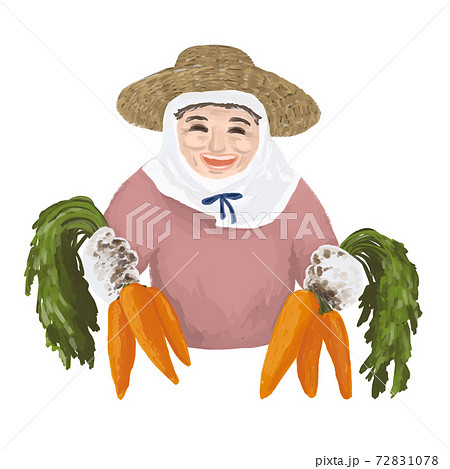 野菜を収穫した農家のおばあさん 上半身 人参のイラスト素材