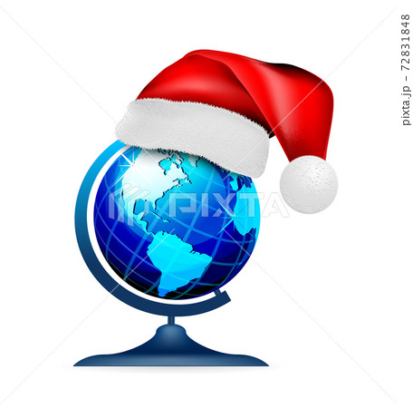 Globe on stand in a hat of santa claus, on a white background. Vector 72831848