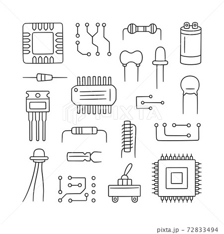 Electronic radio components. Set of microchip, diode, transistor capacitor, resistor. Computer parts. 72833494
