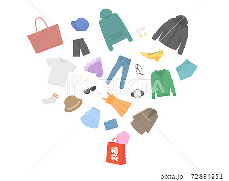福袋から飛び出すアパレルグッズのイラスト 72834251