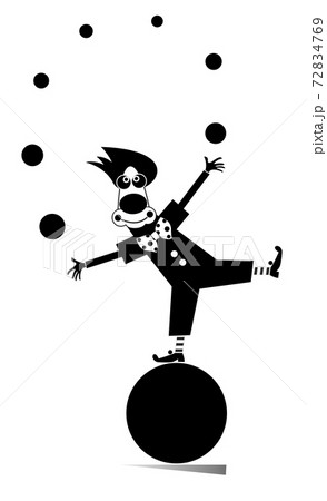 Funny clown equilibrist juggles balls illustration. Cartoon clown balances on the big ball and juggles the balls black on white 72834769