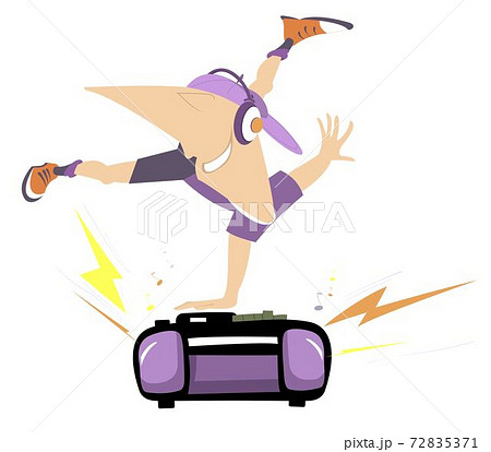 Teenager, brake dance, boom box and loud music illustration. Cartoon funny teenager with headphones on the head stands head over heels on boom box 72835371