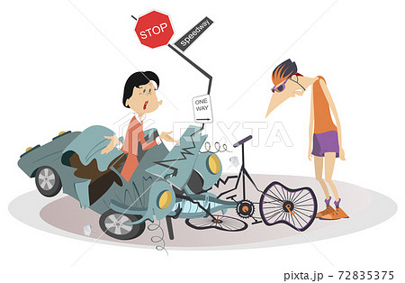 Road accident, driver, cyclist and broken bike illustration. Upset driver woman asks the sad cyclist man what to do with the broken car isolated on white Road accident, driver, cyclist and broken bike illustration. Upset driver woman asks the sad cyclist man what to do with the broken car isolated on white 72835375