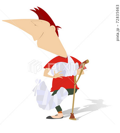 Comic man with bandages on the hand and leg and crutch isolated on white illustration Comic man with bandages on the hand and leg and crutch isolated on white illustration 72835663