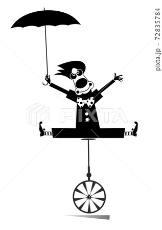 Equilibrist clown balances on the unicycle with an umbrella illustration. Cartoon clown balances on the unicycle and holds an umbrella black on white illustration  72835784