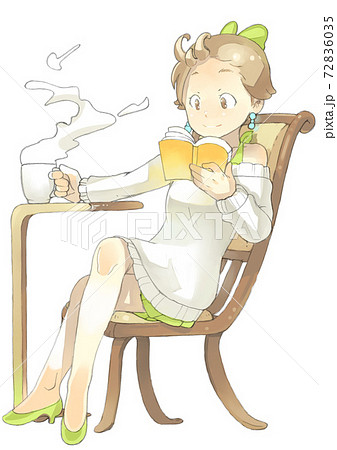 椅子に座り 本を読みながらお茶に手を伸ばす女性のイラスト素材