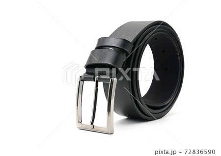 Black belt with a metal fastener on a white background 72836590