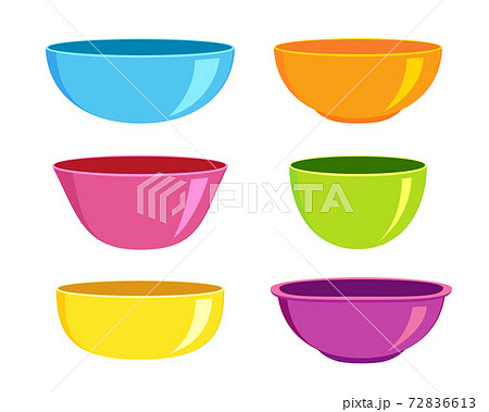 Set of empty plastic or ceramic bowls of different forms on white background. Colourful dishware for breakfast or dinner. Vector illustration Set of empty plastic or ceramic bowls of different forms on white background. Colourful dishware for breakfast or dinner. Vector illustration 72836613