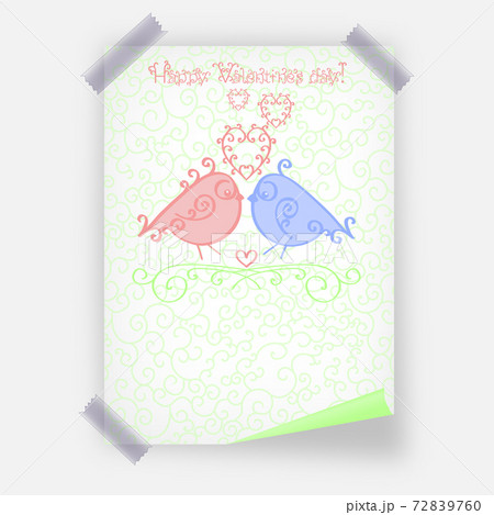 Happy Valentine Day poster template or Valentines Day greetings card or banner design in fashionable soft green, blue and pink colors. Cartoon loving couple birds. 72839760