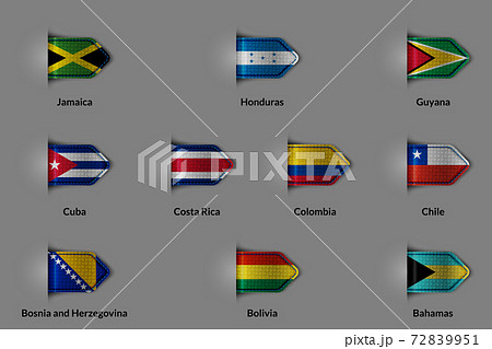 Set of flags in the form of a glossy textured label or bookmark. Jamaica Honduras Canada Cuba Costa Rica Colombia Chile Bosnia and Herzegovina Bolivia Bahamas. Set of flags in the form of a glossy textured label or bookmark. Jamaica Honduras Canada Cuba Costa Rica Colombia Chile Bosnia and Herzegovina Bolivia Bahamas. 72839951