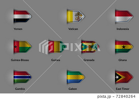 Set of flags in the form of a glossy textured label or bookmark. Yemen Vatican Indonesia Guinea Bissau Guinea Grenada Ghana Gambia Gabon East Timor 72840264