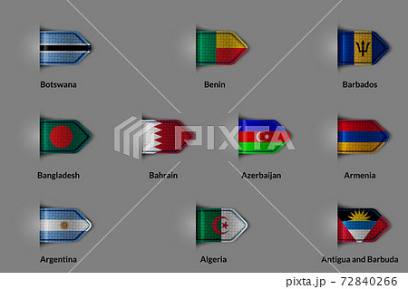 Set of flags in the form of a glossy textured label or bookmark. Botswana Benin Barbados Bangladesh Bahrain Azerbaijan Armenia Argentina Algeria Antigua and Barbuda 72840266