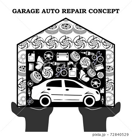 Auto Repair Services black concept with car icons and spare parts in the garage in the stretched out palms isolated on white background. Auto Repair Services black concept with car icons and spare parts in the garage in the stretched out palms isolated on white background. 72840529