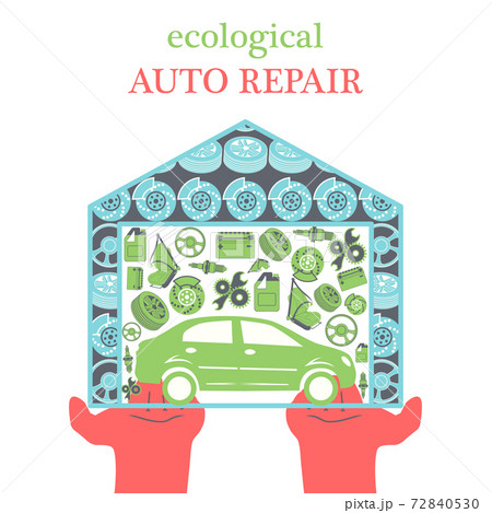 Eco Car Repair Services concept with car icons and spare parts in the garage in the stretched out palms. Eco Car Repair Services concept with car icons and spare parts in the garage in the stretched out palms. 72840530