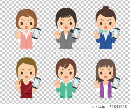 NOサインでスマホを持つ女性　セット　イラスト 72841628